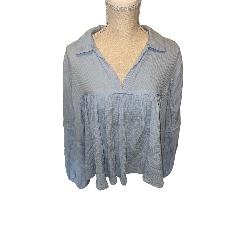 Ces Femme Light Blue Cotton Gauze V-Neck Long Sleeve Boho Blouse Small